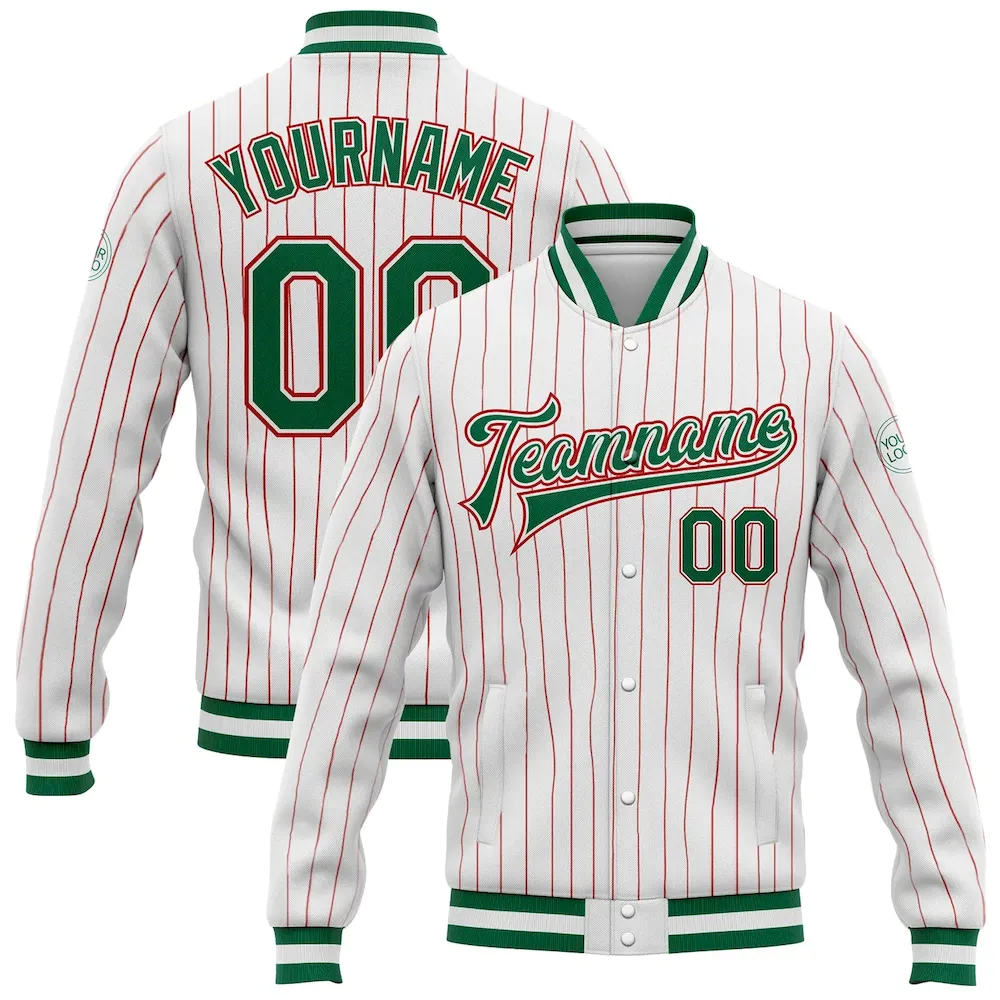 Jacket0522_00991156-d64a-4cac-87af-44b435d307b5.webp Custom White Red Pinstripe Kelly Green-Red Bomber Full-Snap Varsity Letterman Jacket - Image 1