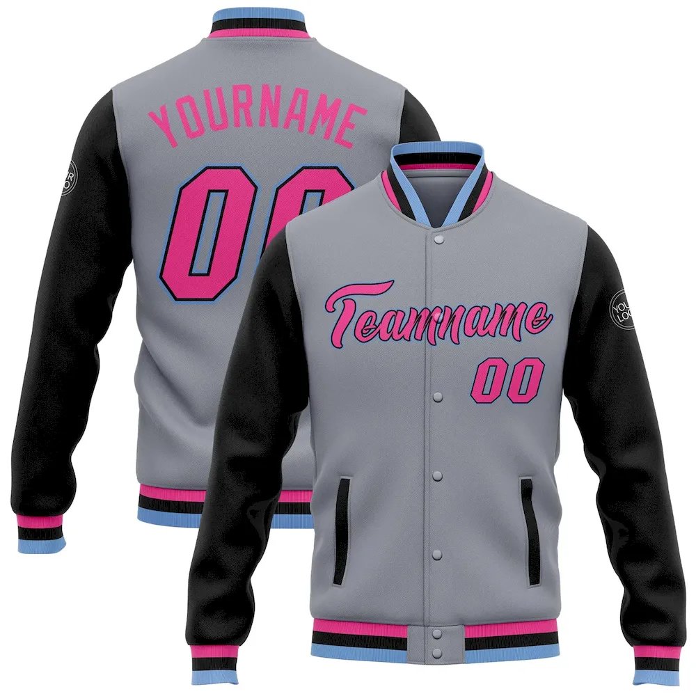 Jacket0763.webp Custom Gray Pink Black-Light Blue Bomber Full-Snap Varsity Letterman Two Tone Jacket - Image 1