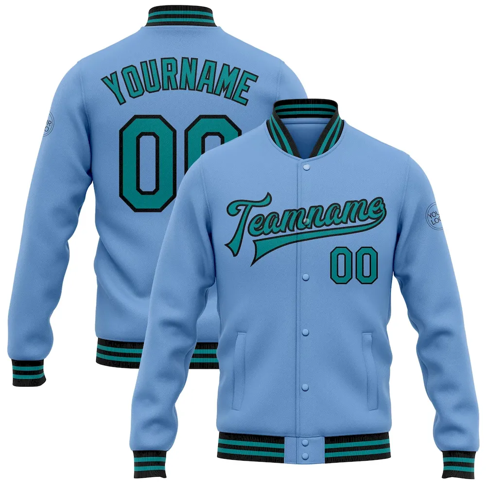 Jacket0979.webp Custom Light Blue Teal-Black Bomber Full-Snap Varsity Letterman Jacket - Image 1
